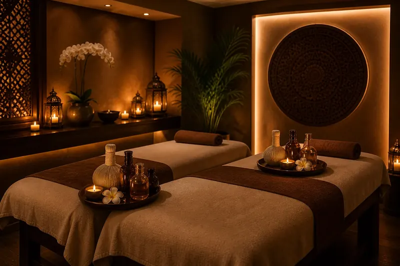 Couples massage suite with two tables side by side at Moon Rose Spa Ajman
