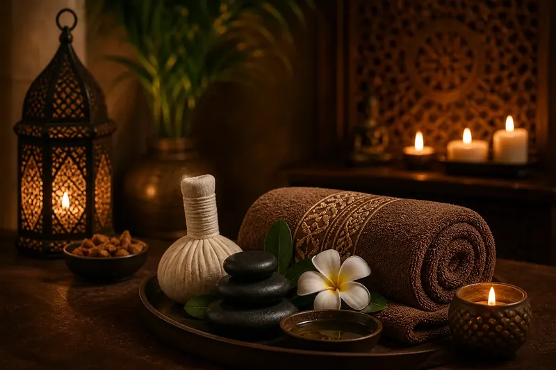 Smooth warm stones, towels and candles prepared for hot stone massage at Moon Rose Spa Ajman