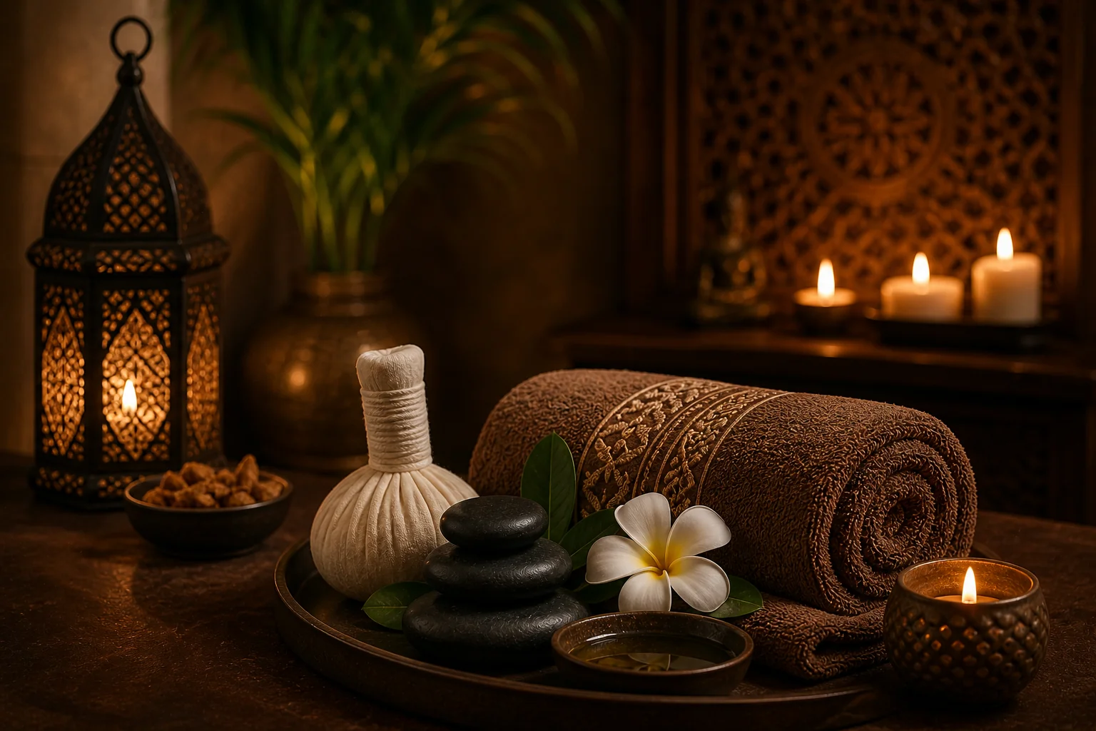 Hot stone massage set up with candles at Moon Rose Spa Ajman